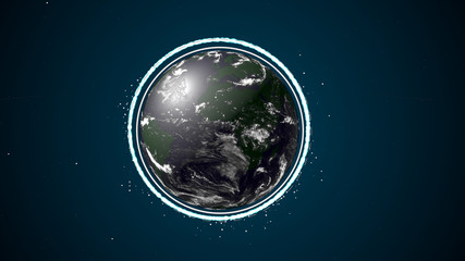 A planet and ozone layer out of white abstract particles over dark-green space background. - obrazy, fototapety, plakaty