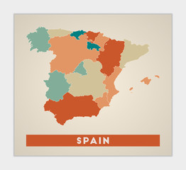 Spain poster. Map of the country with colorful regions. Shape of Spain with country name. Classy vector illustration.