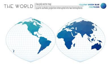 Polygonal world map. Quartic authalic projection interrupted into two hemispheres of the world. Yellow Green Blue colored polygons. Elegant vector illustration.