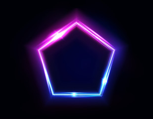 Neon pentagon frame or neon lights sign. Vector abstract background, tunnel, portal. Geometric glow outline pentagon shape or laser glowing lines. Abstract background with space for your text.