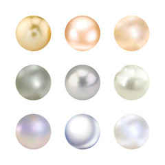 Set of nine realistic pearls of different color isolated on the white background. 3d illustration. eps 10