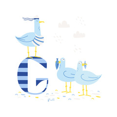 Funny marine alphabet for kids education. Vector handwritten typeface. Letter G is for a gull. Cartoon alphabet. ABC.