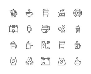 Coffee line icon set. Espresso latte cappuccino cup, beans, hot cocktail and coffee maker vending machine symbols. Isolated vector illustration editable strokes
