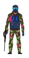Paintball player in standing position on white