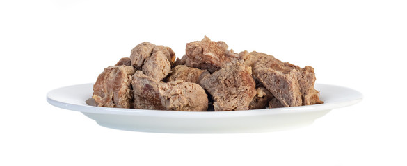 Boiled beef on a white plate isolated on a white background