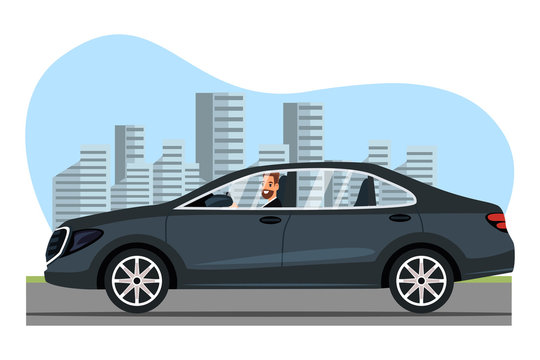 Businessman Character Driving Car on Cityscape