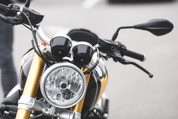 Closeup still of motorbike details. Close shot of motorcycle.