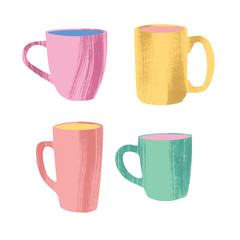 Set of various cups and mugs. Side view. Hand drawn colored trendy vector illustration.