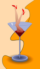 Woman feet with red shoes diving into martini glass
