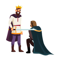 Official knighting ceremony. King putting sword on male shoulders. Priest controlling action. Honoring warrior. Historical moment. Vector flat illustration.