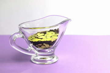 A lot of hearts in a transparent glass dish. Romance, love card. Copy space - holiday concept, Valentine's Day, March 8, International Women's Day.