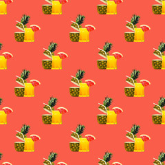 Pineapple tropical cocktail. Pineapple seamless pattern. Pineapple pattern for t-shirts, cards, wrapping paper, posters, fabric print. Fresh idea. Pineapple fashion. Collage bright isolated background