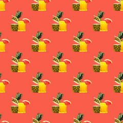 Pineapple tropical cocktail. Pineapple seamless pattern. Pineapple pattern for t-shirts, cards, wrapping paper, posters, fabric print. Fresh idea. Pineapple fashion. Collage bright isolated background