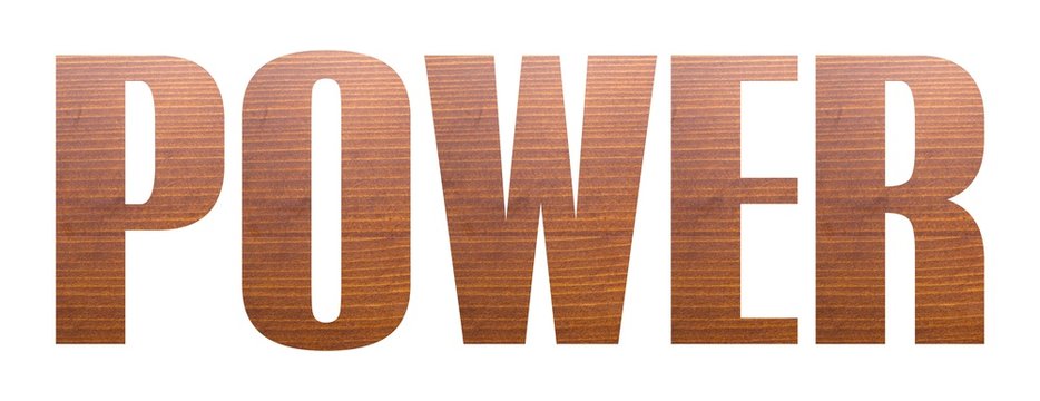 POWER word with brown wooden texture on white background.