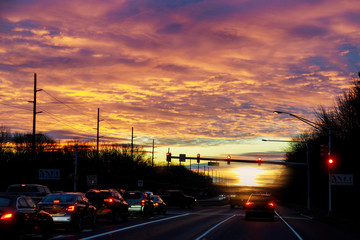 Night traffic, cars on highway road on sunset evening