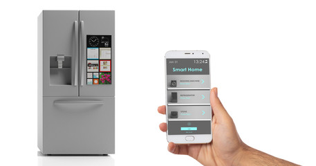 Smart refrigerator phone app, hand holding mobile phone isolated against white background. 3d...