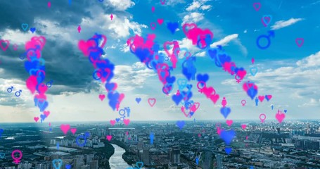 Heart Emoji icons flying up from buildings to the sky representing dating app. For social networks featuring digital connections and networks. Time Lapse Over Cityscape - Powered by Adobe
