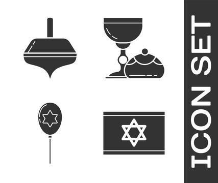 Set Flag of Israel, Hanukkah dreidel, Balloons with ribbon with star of david and Jewish goblet and hanukkah sufganiyot icon. Vector