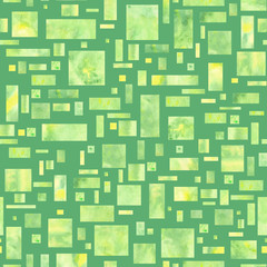 Watercolor geometric yellow-green rectangles and squares on green background. Seamless pattern. Design for backgrounds, wallpapers, covers, textile and packaging.