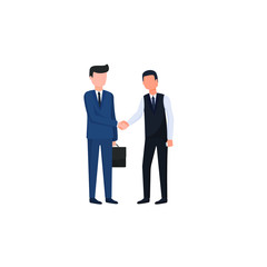 Two businessman shaking hands. Business partners came to an agreement. Man holding briefcase, smartphone. Male vector character for website, banner, advertisement