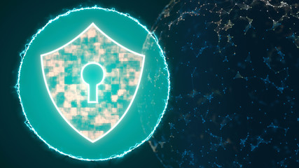 Glowing symbol of lock inside of a water droplet, surrounded by lightning circle over dark background with plexus sphere.