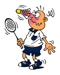 Badminton player with racket and badminton ball on his nose surprised standing, color cartoon joke