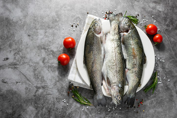 Wild river trout with vegetables and spices on dark concrete background with copy space for your design. Tasty and healthy food concept.