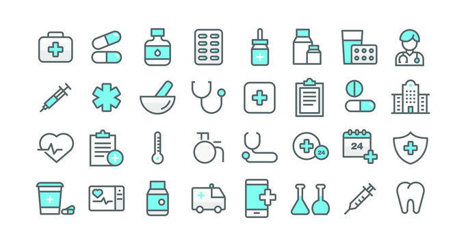 Medical Vector Icons Set. Line Icons, Sign and Symbols in Flat Linear Design Medicine and Health Care with Elements for Mobile Concepts and Web Apps. Set of Hospital, Medical, Clinic vector icon