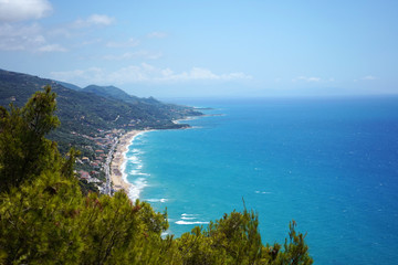 very beautiful view of the beach and the blue Mediterranean Sea. view from the mountain. Lefkada, Greece