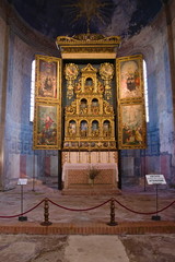Staffarda, Piedmont, Italy - January 20, 2020: Internal nave and gilded altar of Staffarda Abbey, a...