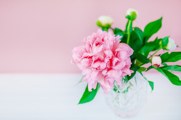 Pink peonies in a crystal vase on a pink wood background.