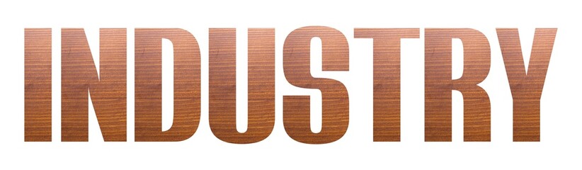 INDUSTRY word with brown wooden texture on white background.