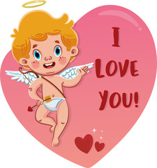 Cute baby Cupid angel with i love you text on romantic pink heart shape. I love you. Valentine Day illustration in cartoon style for greeting card.
