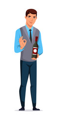 Man sommelier, salesman or restaurant waiter presenting wine bottle. Male character standing on white. Presentation beverage. Vector illustration.