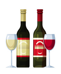 Two bottles of red and white wine and wineglasses
