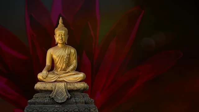 A peaceful clip of Golden Buddha statue from Wat Pathum Wanaram, Bangkok, Thailand and a beautiful pink lotus superimposed or double exposured with time-lapse of evening sky.