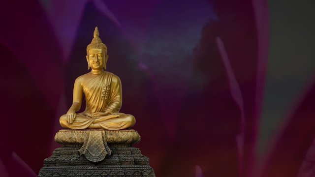 A peaceful superimposed and double exposure images of Golden Buddha statue from Wat Pathum Wanaram, Bangkok, Thailand and pink clouds. Buddha statue is posing &ldquo;The attitude of subduing Mara".