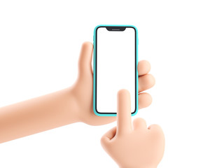 Cartoon device Mockup. Cartoon hand holding phone on white background. 3d illustration.