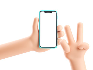 Cartoon device Mockup. Cartoon hand holding phone on white background. 3d illustration.