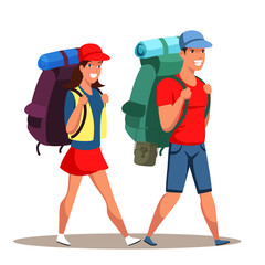 Fototapeta premium Young man and woman couple tourists with poles backpacks travelling