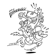 Jockey carries horse on his back and runs horse racing, black and white cartoon joke