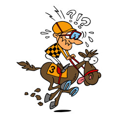 Jockey on horse running horse race, color cartoon joke