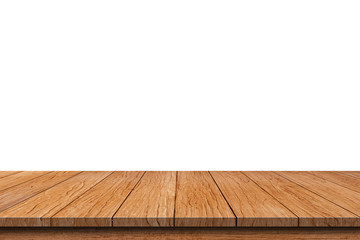 Brown empty wooden table top isolated on white background, used for product placement or Wooden board empty mock up for display of product.There are Clipping Paths for the designs and decoration