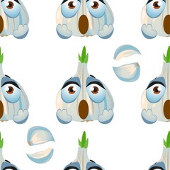 Cute seamless pattern with cartoon emoji garlic