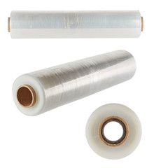 Set of three angles of a roll of plastic film on a cardboard coil, isolated on a white background. Packing of goods.
