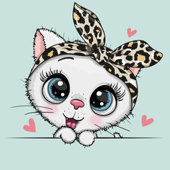 Cartoon white Kitten with a bow on a blue background
