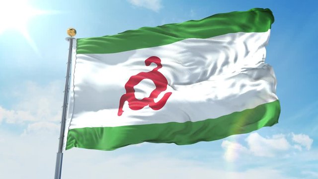 Ingushetia flag waving in the wind against deep blue sky. National theme, international concept. 3D Render Seamless Loop 4K