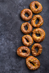 Bagel sesame golden bake color, soft inside, crispy outside. top view