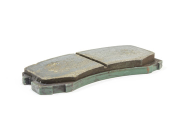 Damage disc pad on white background, isolated, Car service.