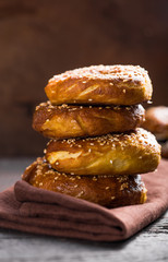 stack of Bagel sesame golden bake color, soft inside, crispy outside. top view